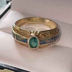 SOLD Solid 14k Gold Natural Emerald Australian Opal Ring Sz 8